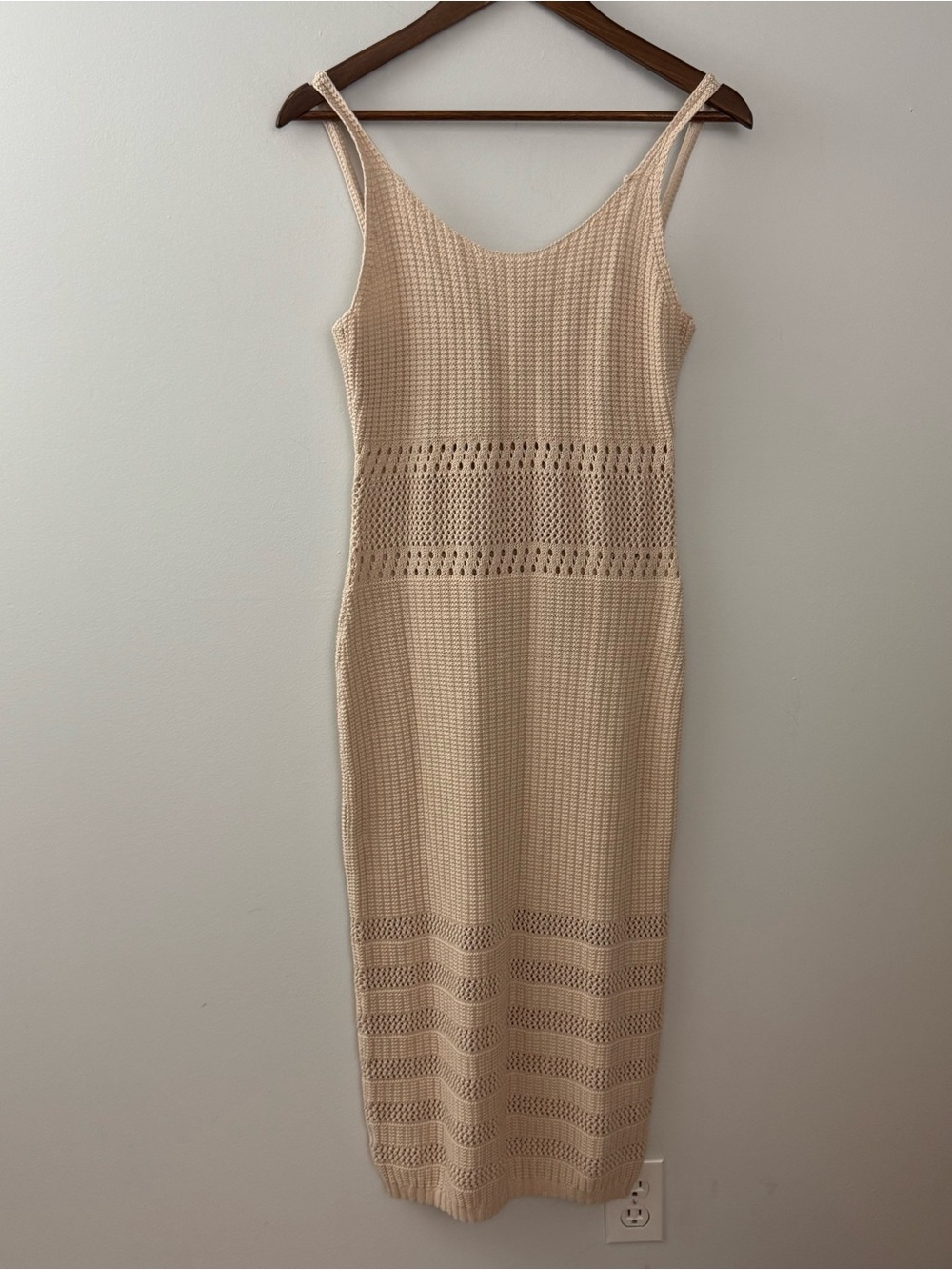 Women’s Cream Knit Midi Dress - Sleeveless Crochet Detail
